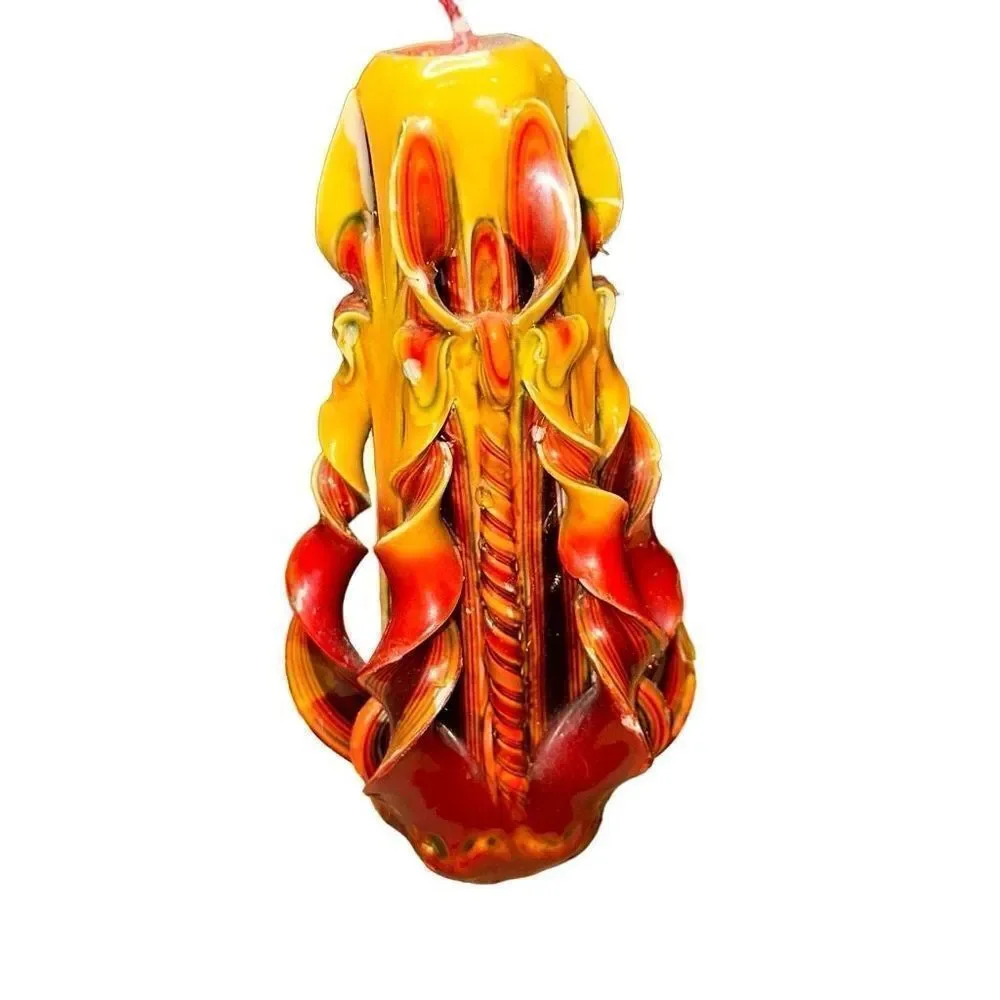 VINTAGE HAND CARVED CANDLE *RARE UNLIT layered 1970 yellow orange twirl fire